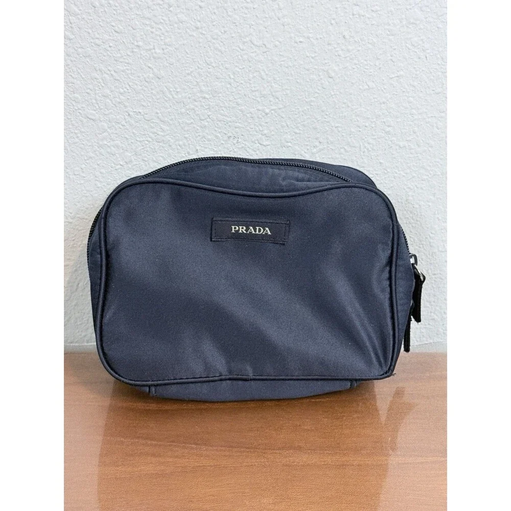 Prada Navy Blue Satin Pouch Cosmetic Bag Authentic Preowned